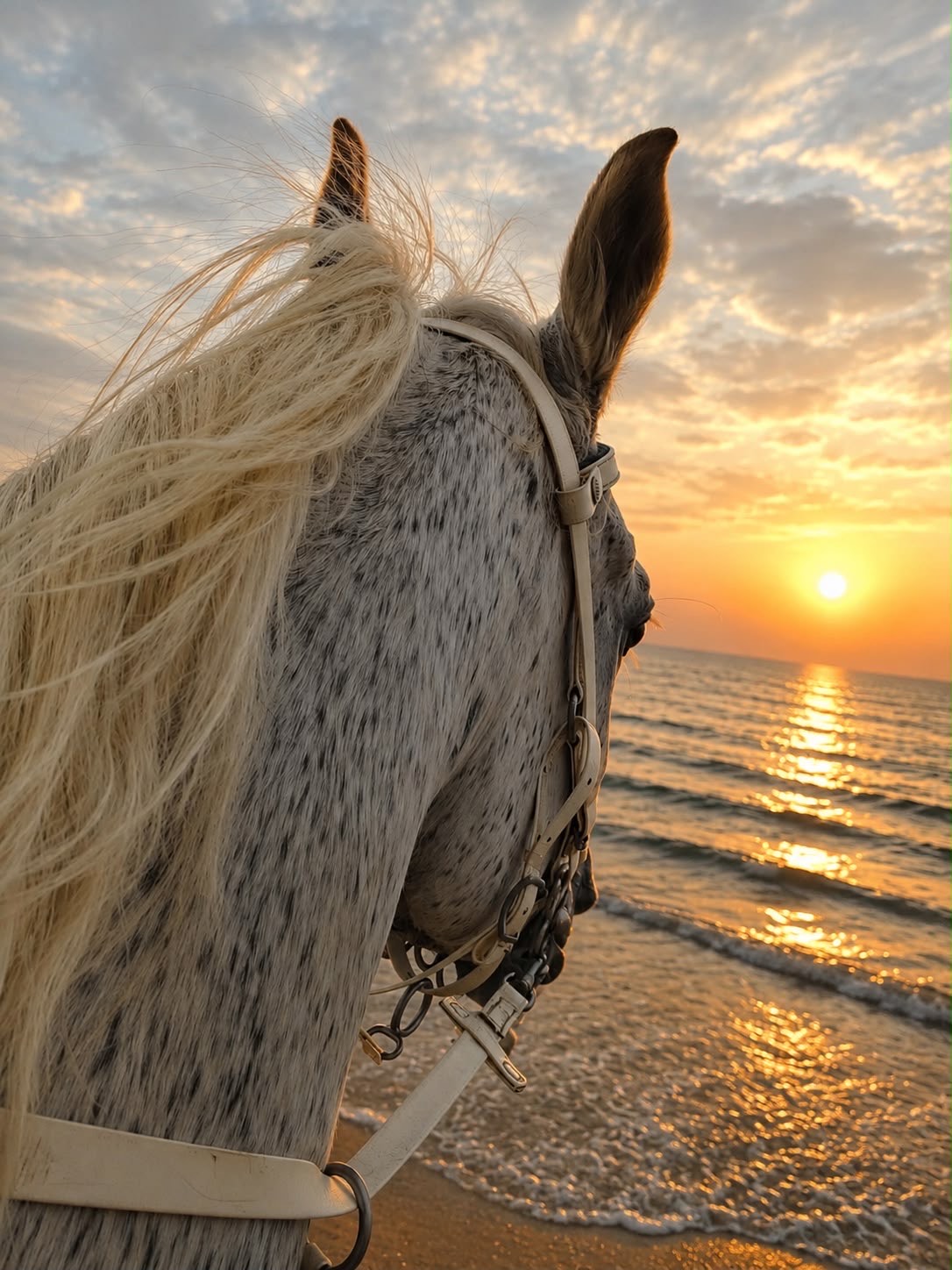 Close portrait of a grey Arabian horse looking out over the water at sunrise