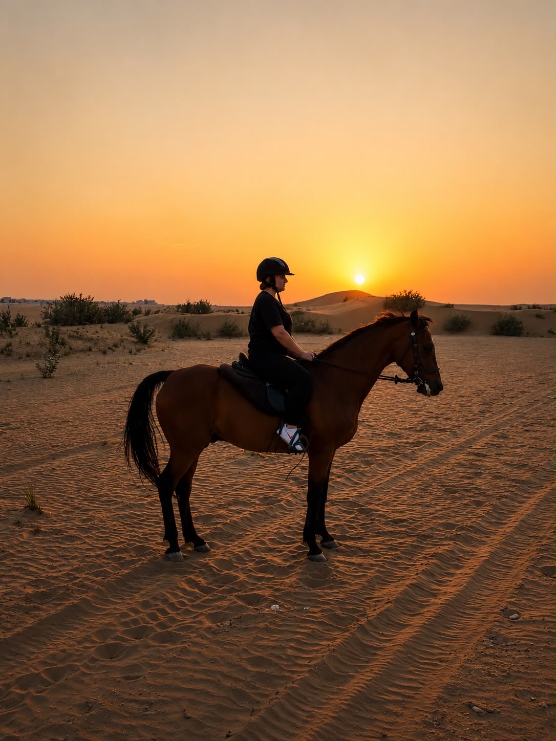 Rider halted on a dune, watching the sun drop behind the desert