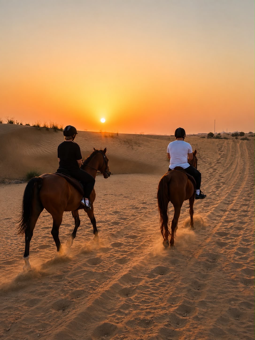 Two riders crossing the dunes outside Dubai at sunset