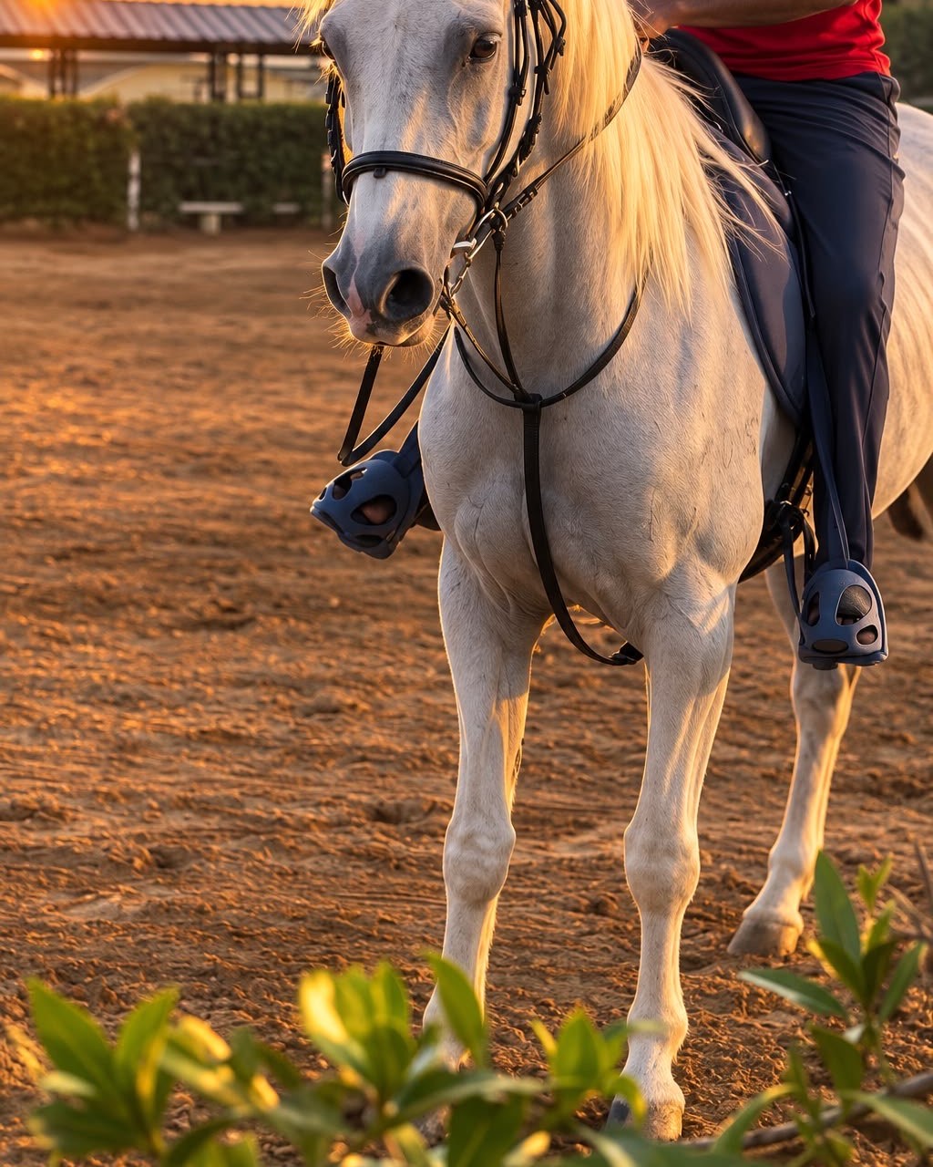 Horse and rider in the arena at sunset, seen from the front